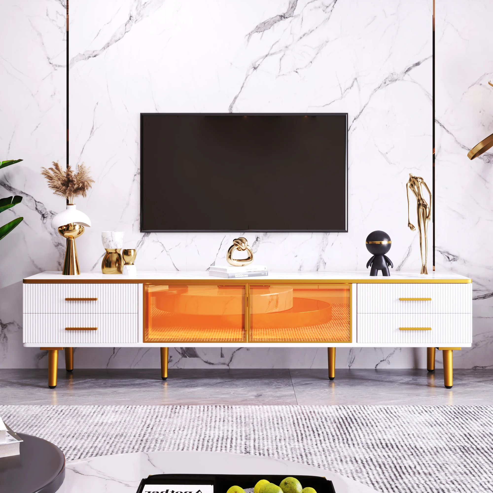 Marble look TV wardrobe, 4 feet TV wardrobe, 4 structured drawers with golden handles and two brown tempered glass doors, modern TV lowboard for living room 170*37*47.5 cm