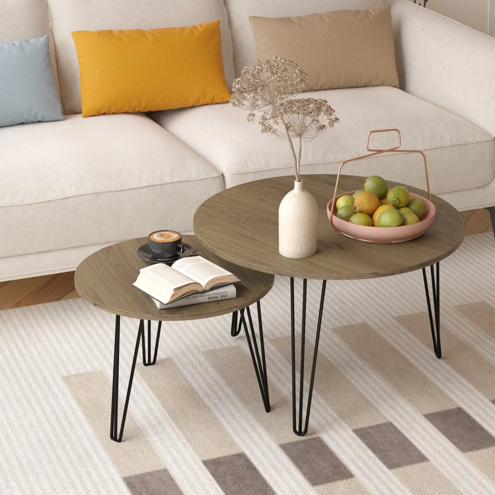 

Round Nesting Coffee Table Circular Nesting End Table Set, Round Wooden Tabletop, and Sturdy Metal Base for Living Room, bedroom