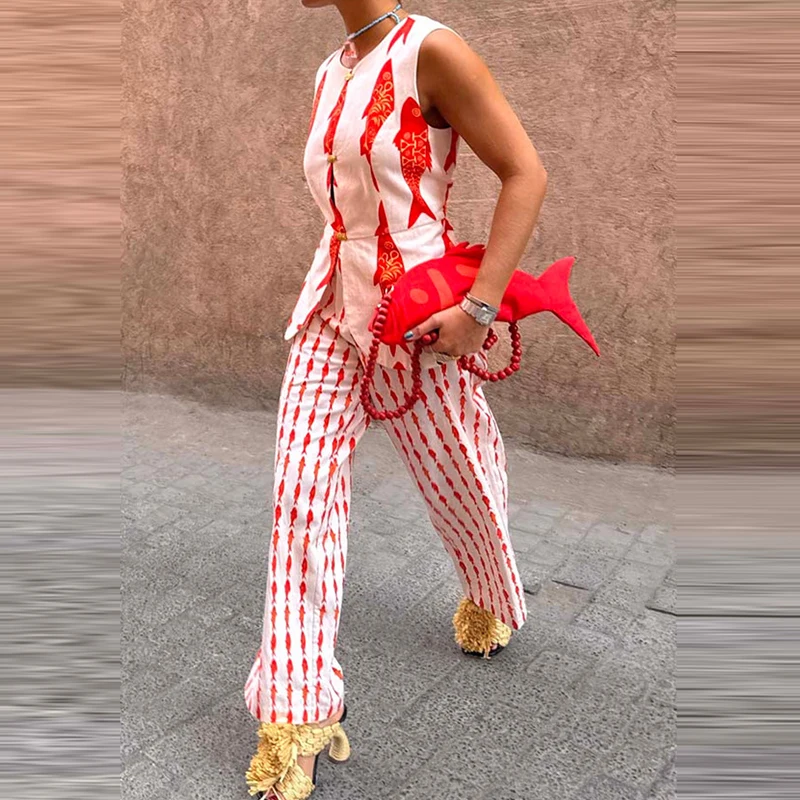 

Summer Sleeveless Tank Top+Straight Pants Suit Retro Contrast Color Women Outfits Holiday Animal Print Slim Two Piece Sets Mujer