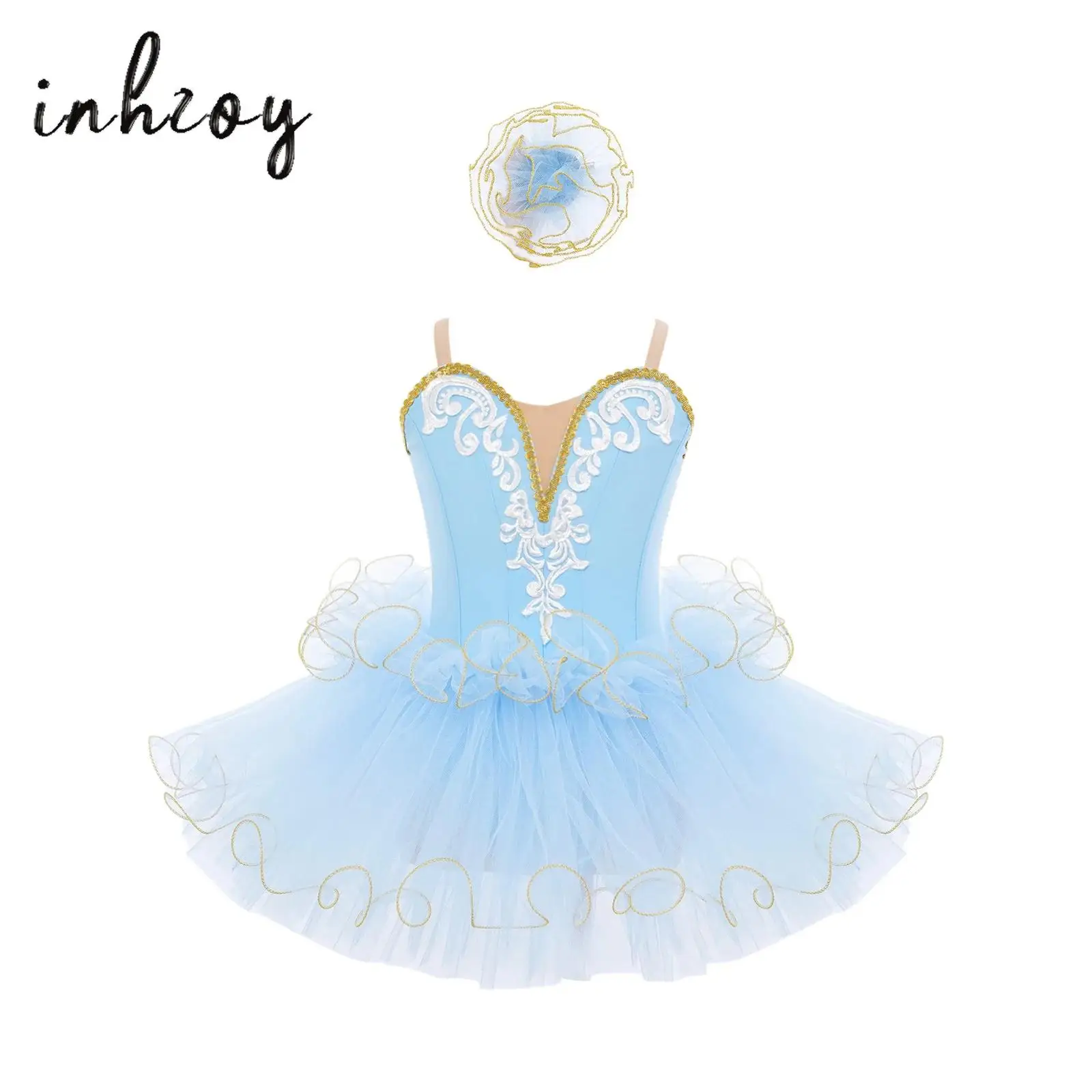 

Kids Girls Professional Ballet Tutu Dress Adjustable Shoulder Straps Embroidery Bodice Layered Dress+Headwear for Performance