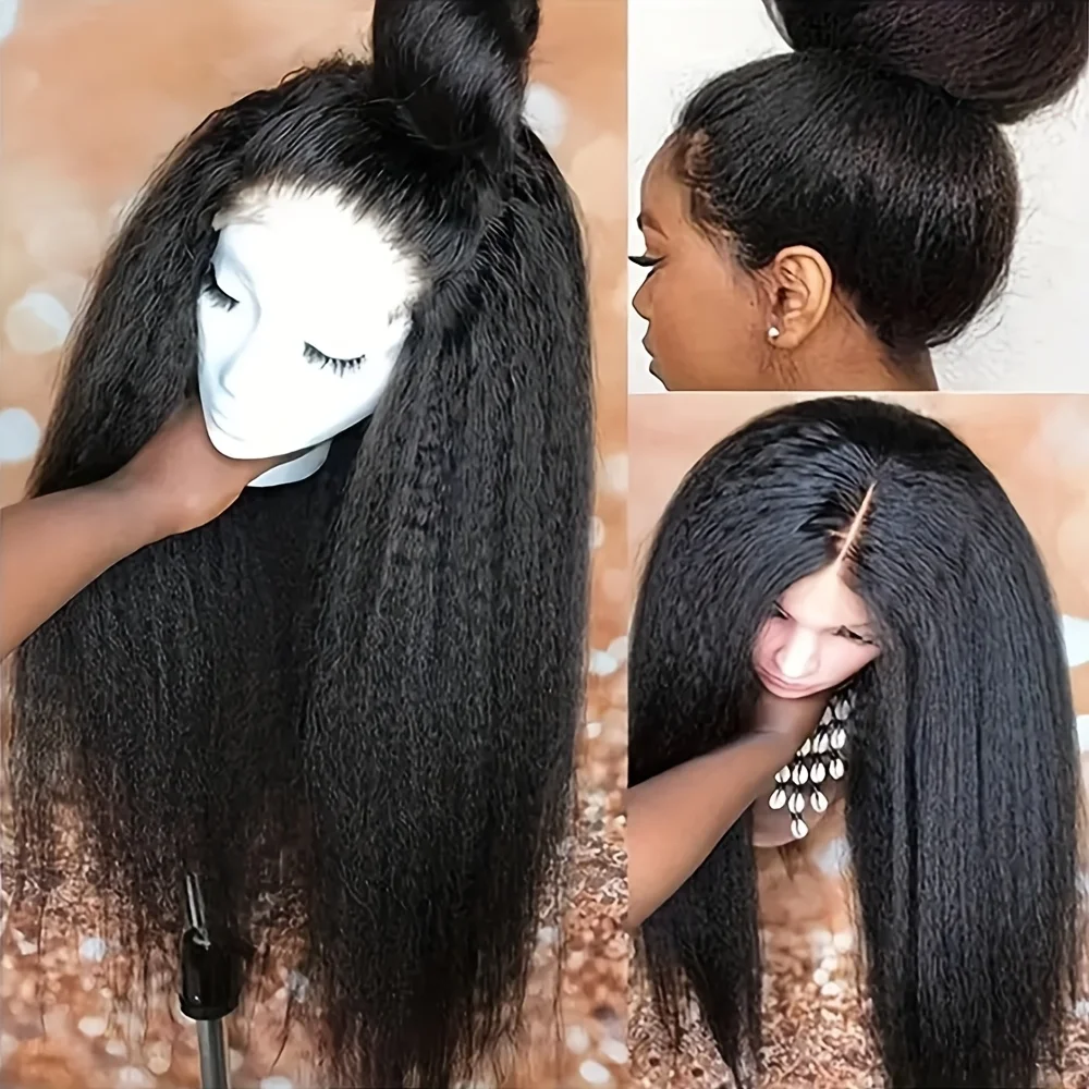

Kinky Straight Synthetic Lace Front Wigs Pre Plucked Hairline Long Yaki Straight Hair Natural Black Glueless Replacement Wig
