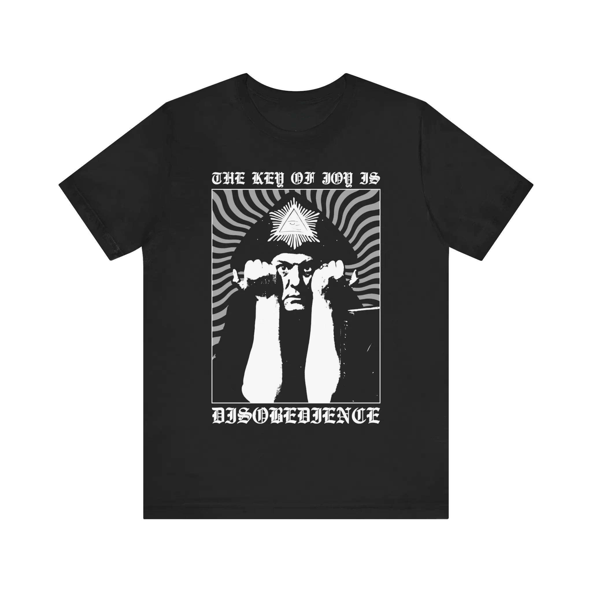 La clave de la alegría, camiseta Aleister Crowley, camiseta oculta, camiseta gótica, magia negra, Thelema, camiseta oculta de manga corta