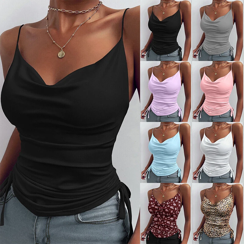 

Women Spaghetti Strap Tank Tops Summer Fashion Sexy Camisole Satin Silk Solid V-neck Vest Ladies Drawstring Lace Up Blouse