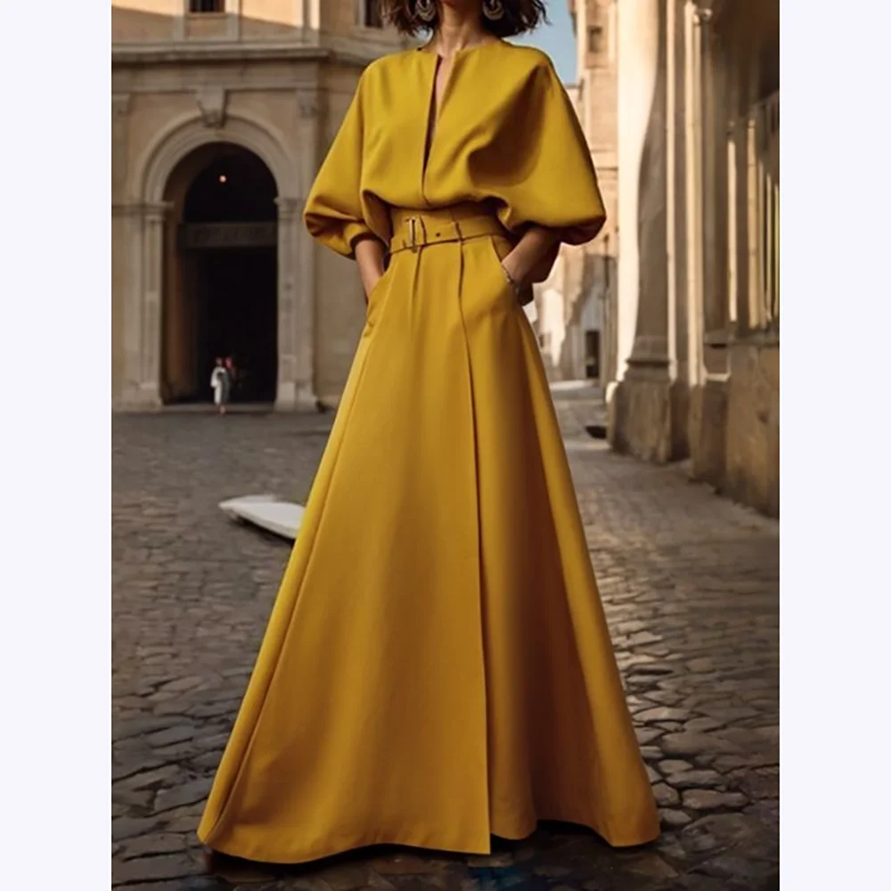 

Women's Prom Dresses 2025 Three Quarter Sleeve Sexy Deep V Neck Floor Length Dress Pants Modern Style Party Gown Customized