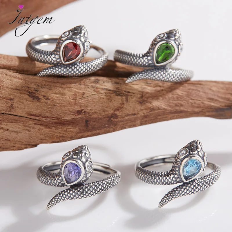 

S925 sterling silver natural set colored gemstone ring snake unique jewelry