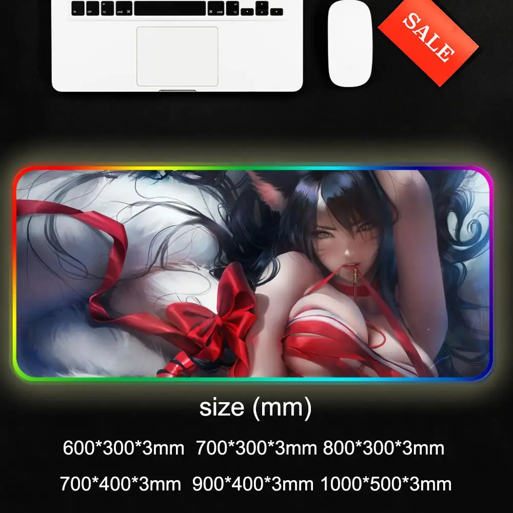 Alfombrilla de ratón Ahri para Gamer, alfombrilla de escritorio Rgb, retroiluminación Led, configuración de alfombrilla de ratón, accesorios para juegos, alfombrilla de ratón grande con retroiluminación