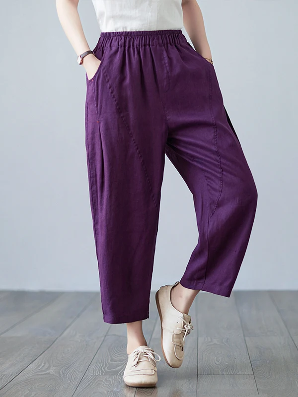 

Хлопковые льняные брюки-шаровары с эластичным поясом для женщин, летние свободные брюки-морковки больших размеров, повседневные укороченные брюки-капри