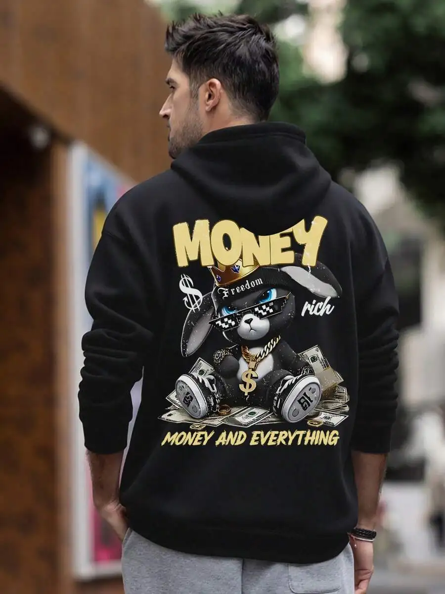 K-GLORY Men's Rabbit Graphic Fleece Hoodie, Fashionable Street Casual Hooded Sweatshirt For Autumn/Winter