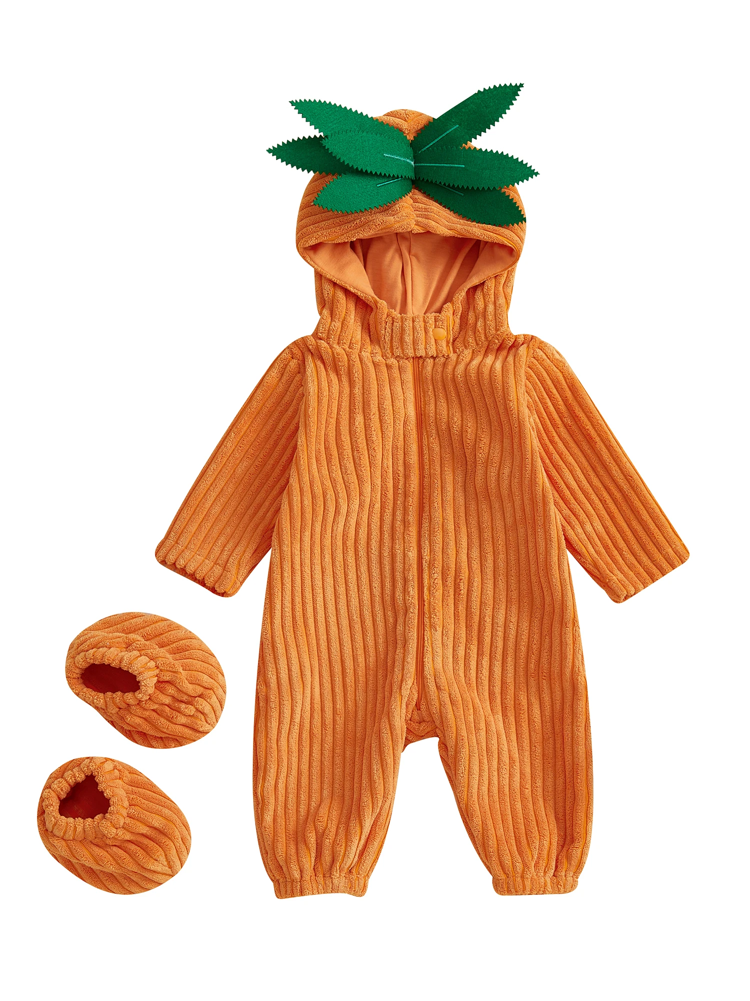 

Toddler Pumpkin Costume Cozy Hooded Romper with Matching Booties for Halloween Dress-Up Fun and Playful Cosplay