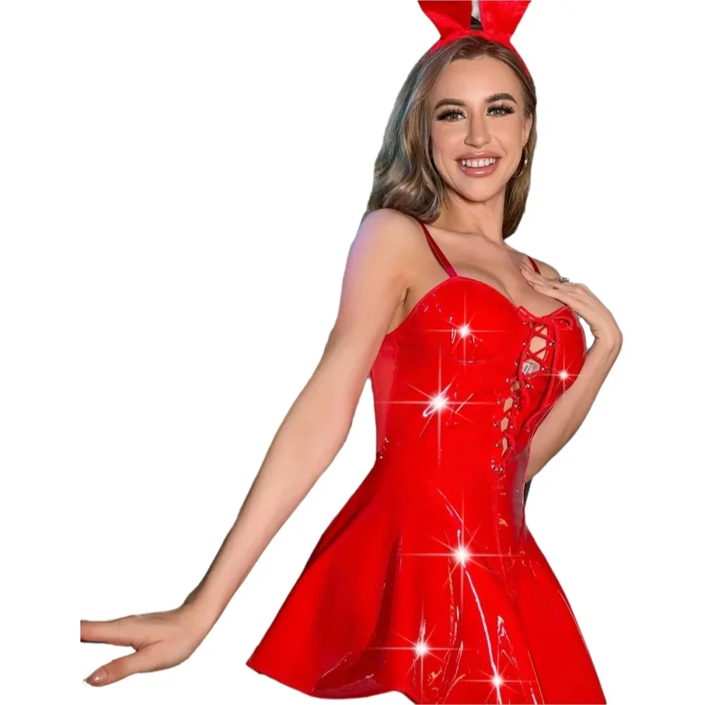 

Сексуальное красное платье из латексной кожи с мокрым эффектом для взрослых, мини-клеш на шнуровке с люверсами, клубная одежда, экзотическое платье с кроликом для косплея, женское платье для ночного клуба