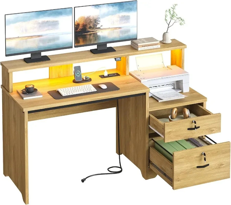 Bestier Computer Desk with Power Outlets & LED Lights Home Office Desk with Lockable File Drawer & Printer Shelf Monitor Stand