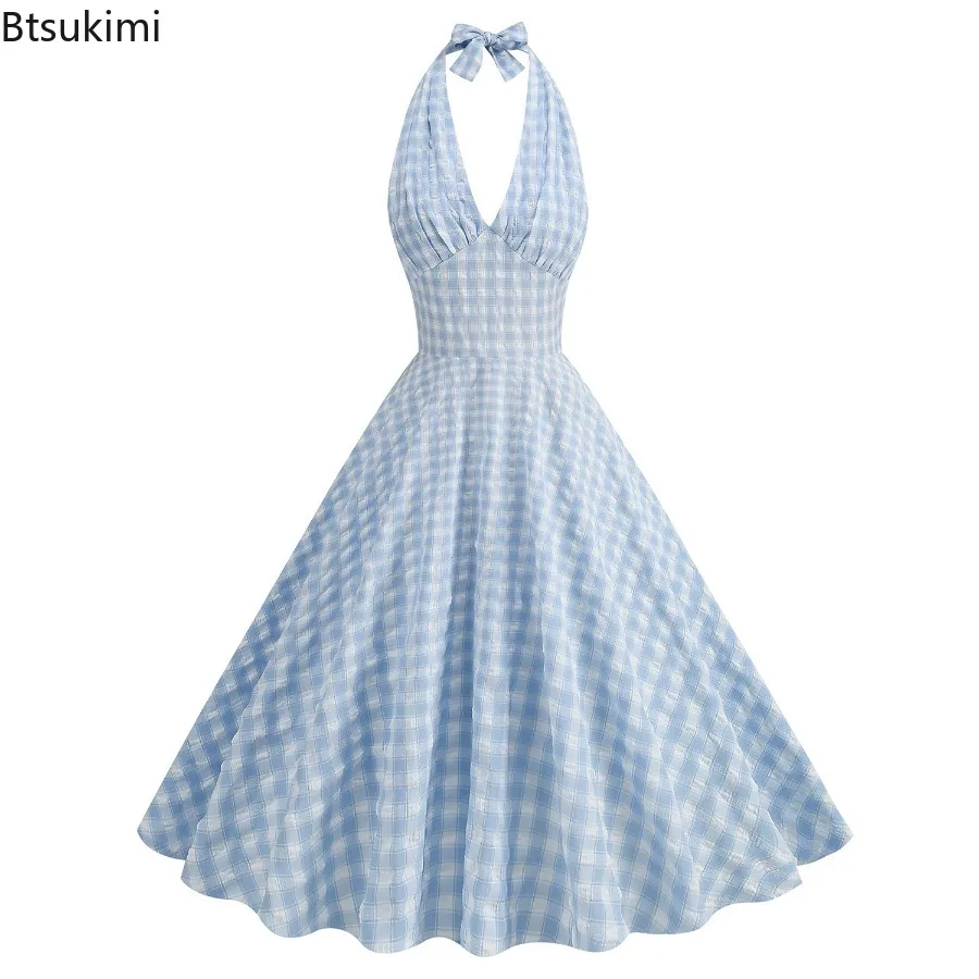 2025年新作 レディース ヴィンテージ ネックマウント ブルー ドレス サマーカジュアル スリムフィット チェック柄ワンピース レディース スイング ティーパーティー エレガントドレス