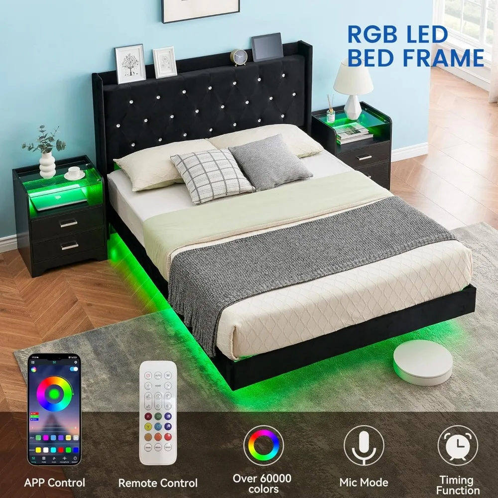 إطار سرير GarveeHome بحجم كوين مع لوح أمامي وأضواء LED، إطار سرير عائم أسود مع دعم شرائح خشبية، منجد بالكامل