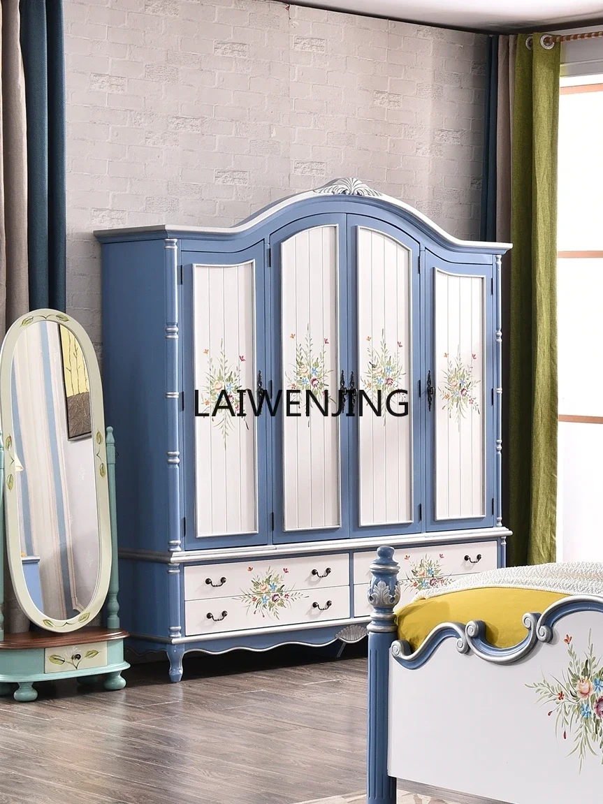 

HLZ four-door solid wood bedroom cabinet European-style painted rural pastoral retro three-door two-door large wardrobe