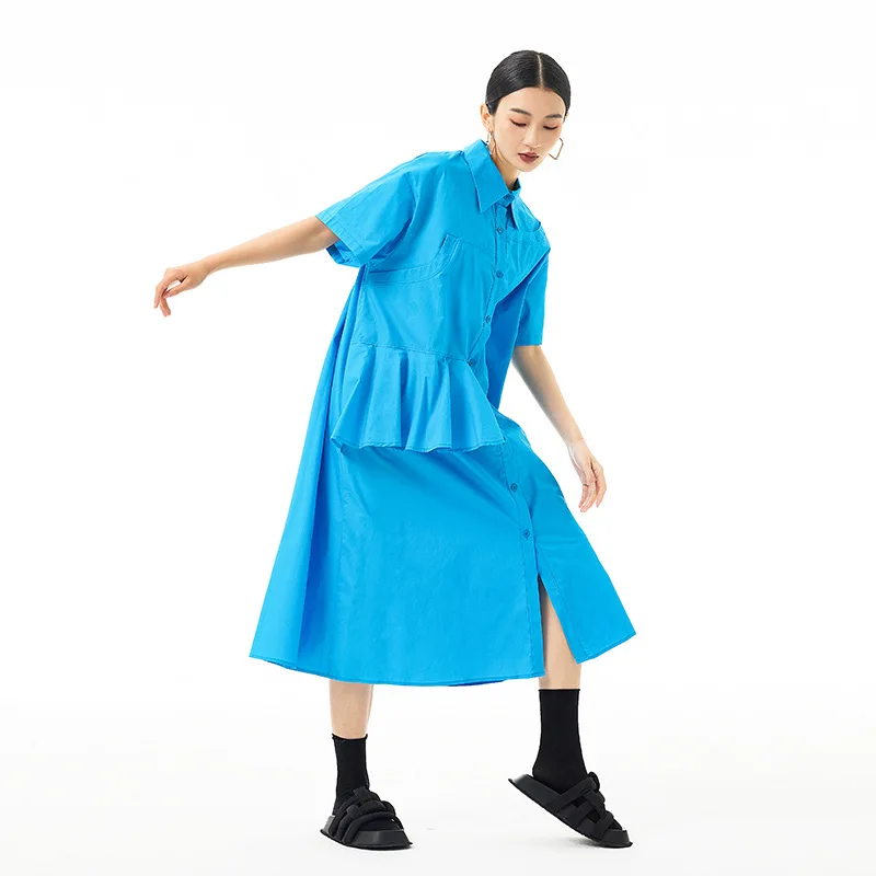 Tannt Women Dress Ruffles Patchwork Asymmetry Black Blue Red Casual Shirts Dresses Irregular Fashion Loose Long Summer Dresses