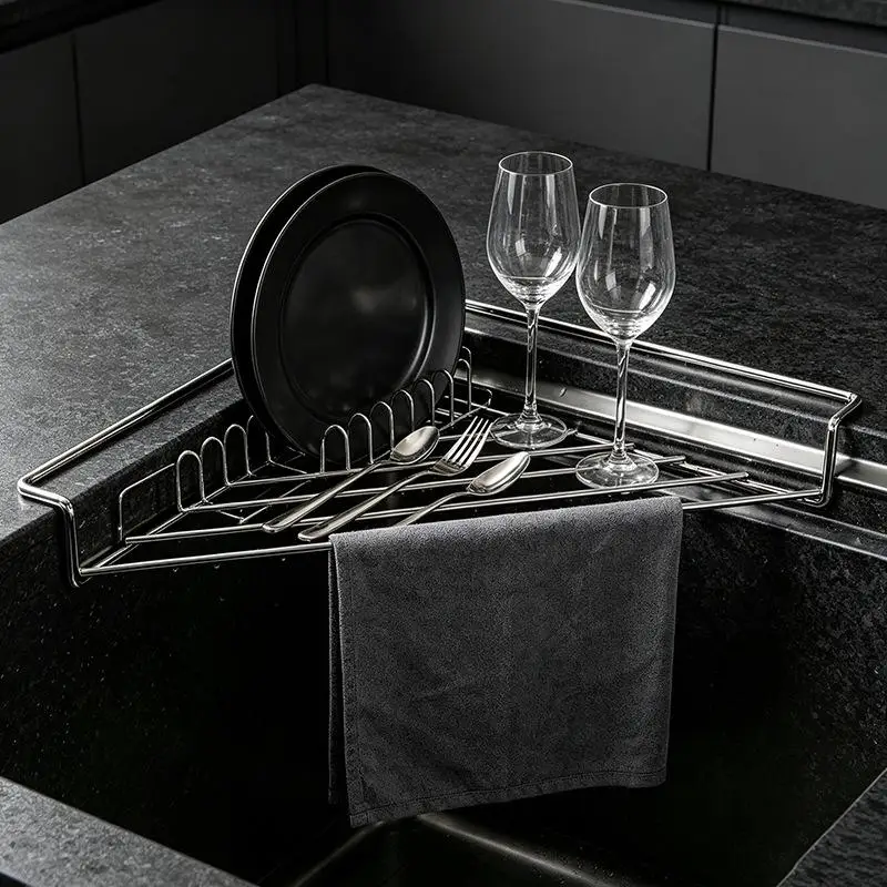 Triangular Sink Drain Rack Stainless Steel Sink Caddy Organizer Drainable Large Capacity Multifunctional Kitchen Sink Organizer