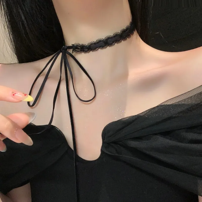 White/Black Lace Necklace Verstile Long Ribbon Layered Clavicle Chain Choker for Women Girls Daily Wear Neck Decoration Jewelry