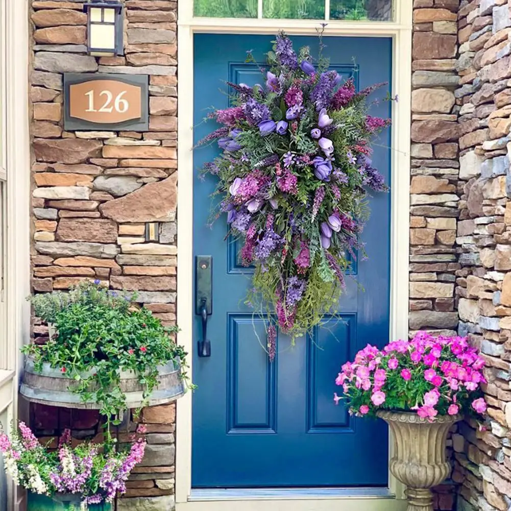 Rustic Hanging Wreath 50x35cm Flower Garland Pendant Creative Fake Floral Twig Garland for Front Door Garden Decor