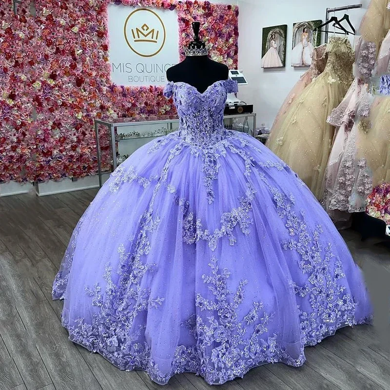 Glinsterende Lavendel Baljurk Quinceanera Jurk Kant Applicaties Kralen Pailletten Sweet 16 Prinses Partij Vestidos De 15 Anos