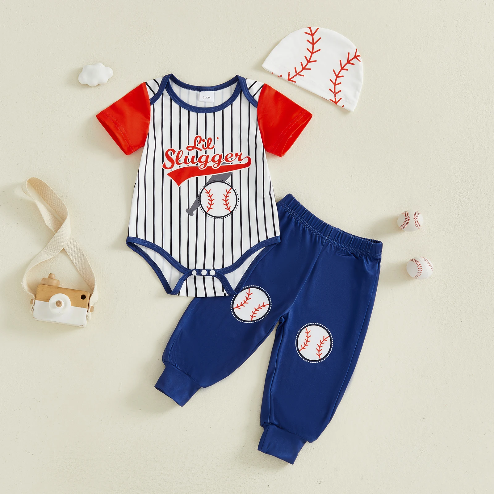 

Baby Boy's Clothing Sets Fashionable Baseball Printed Short Sleeve Romper with Pants, Hat 2Pcs Outfits