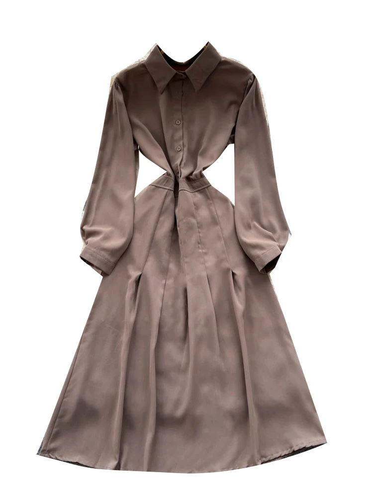 Casual Long Sve Women's Dr Tie Waist Gored Skirt Design Autumn New Sle Light Maturi Faion Single Piece Ci Commute