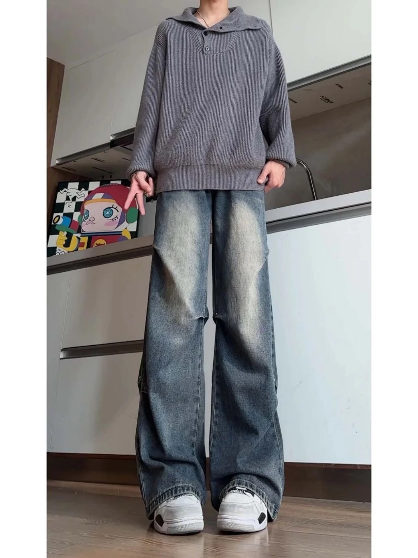 

American Washed Folded Knife Jeans Men's Trendy High Street Style Casual Straight Leg Blue Jeans Youth Summer Loose Fit Jeans