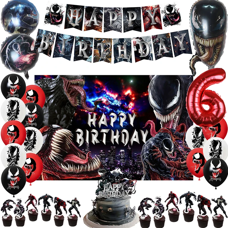 Hero Venom Theme Birthday Party ตกแต่งแบนเนอร์บอลลูนฉากหลังเค้ก Topper อุปกรณ์อาบน้ําเด็ก