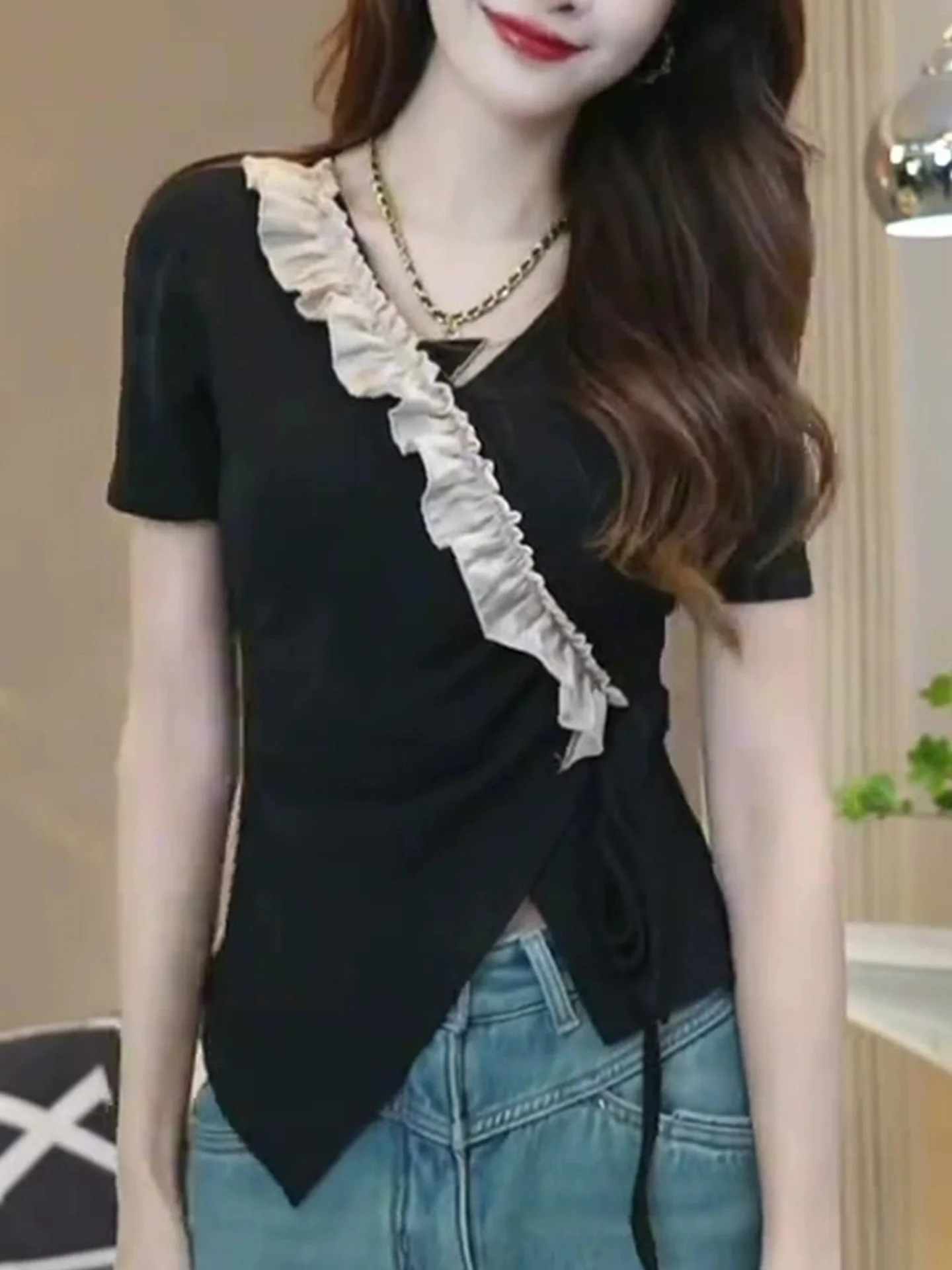 

Женская футболка Ele V-Ne ort Sve T-irt, модный универсальный летний топ с кружевной отделкой, корейский стиль, прямой крой.