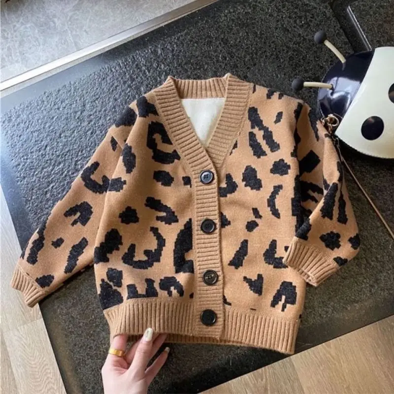 Girls Leopard Cardigan Thick Fleece Fall Winter Outer Wear Stylish Jacket Kids Knit Sweater Versatile