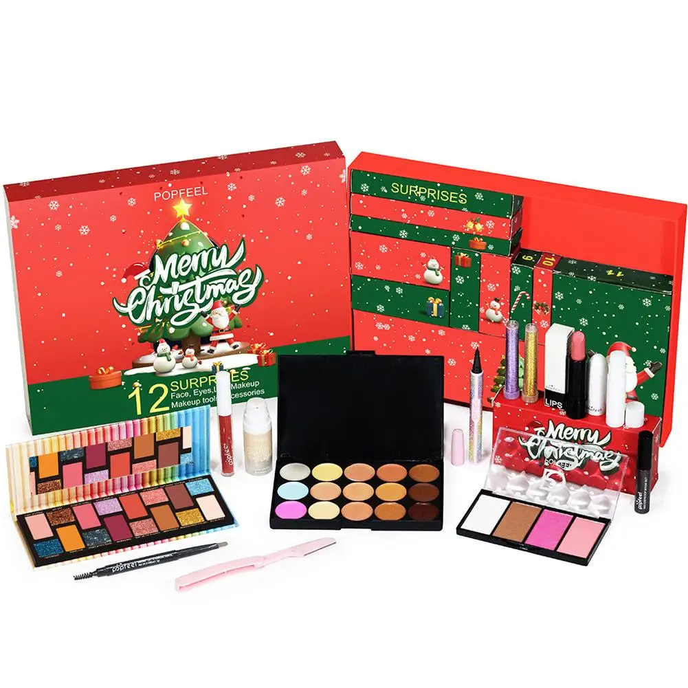 Kit de maquillage de calendrier de compte à rebours de Noël, correcteurs de visage, kit pour les yeux, cadeau de maquillage de Noël, rouge à lèvres, boîte à cosmétiques, ombre, T7E2, 12 pièces