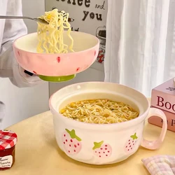 Kawaii Strawberry Ramen Bowl With Lid Ceramics Cute Fruit Soup Salad Instant Noodles Large Bowl Home Kitchen Tableware 700ml