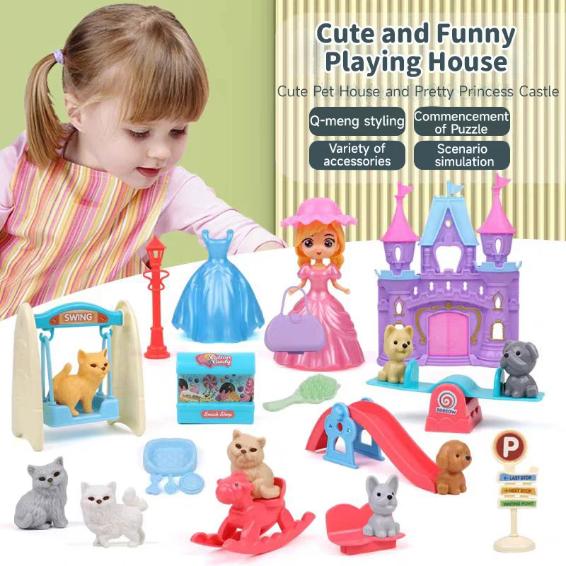 Cute Dog Pet Basket Family Toy Children Play House Games Toy Cute Mini Animal Scene Playing Toys Cat And Dog Doll Set Toys Gifts