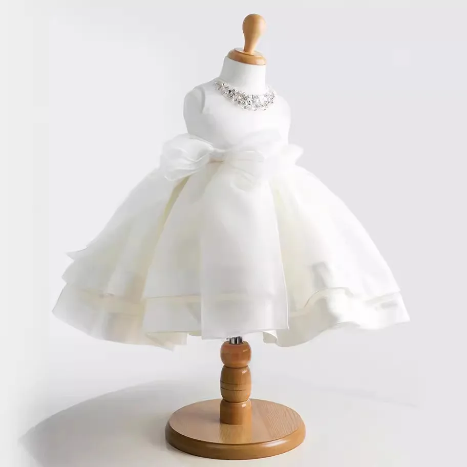 Rhinestone Satin Baptism Dress Big Bow Tulle Christening Gown Baby Girls Baby Shower 1st Birthday Naming Ceremony Formal Outfit