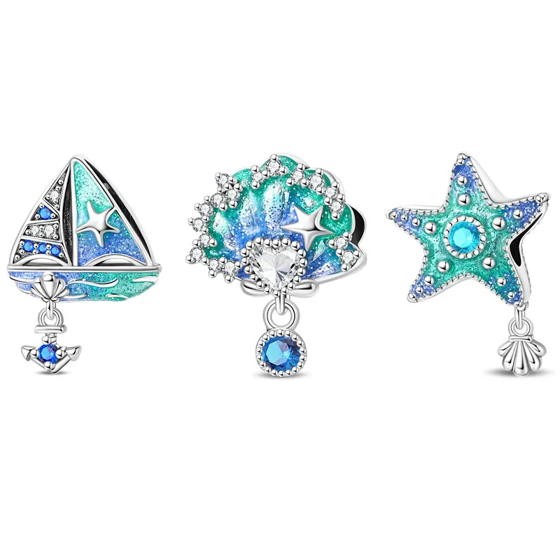 925 Sterling Silver Blue Sailboat Shell Starfish Charms Beads For Women Fit Original Bracelet DIY Birthday Party Jewelry Gifts