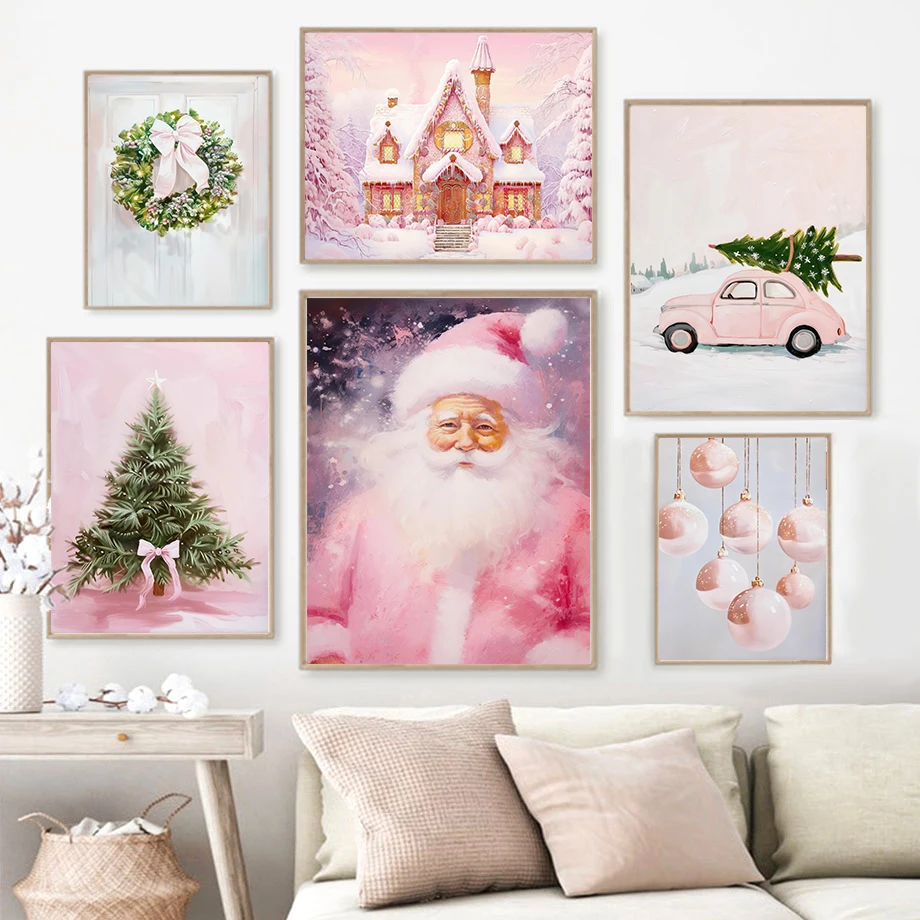 Pink Christmas Decoration Printed Gift Holiday Poster Wall Art Canvas Painting Nordic Poster Home Living Room Decor