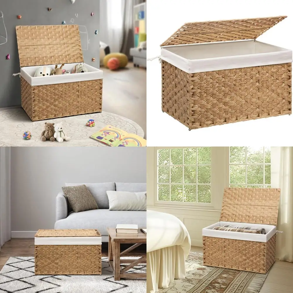 

Large 105L Wicker Storage Basket with Lid and Removable Liner for Bedroom and Laundry Room