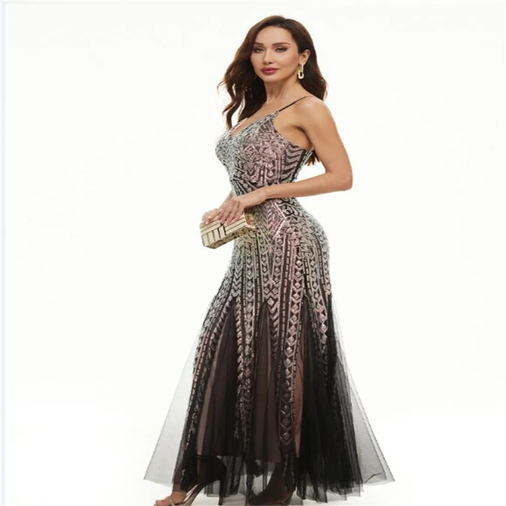 

Sequins Blingbling Elegant Party Dresses For Women 2023 Sheer V Neck Mermaid Evening Dresses Spaghetti Skirt Sexy Prom Dresses