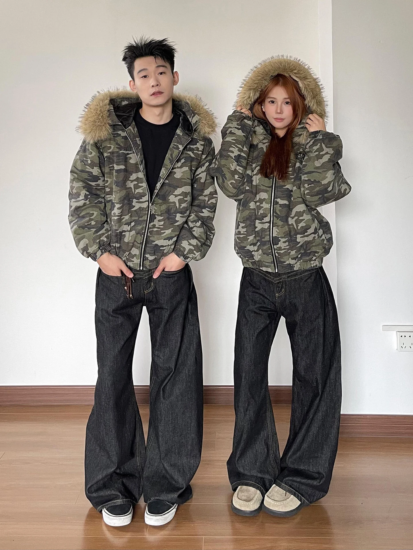 

Thickened Camouflage down Jacket Men's Winter Warm Non-puffy Cotton Coat with Detachable Fur Collar Standard Fit Long Sleeve