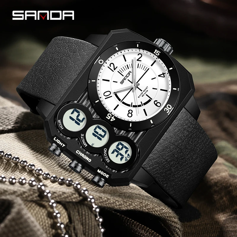 Reloj electrónico SANDA 6237 para hombre, reloj Digital luminoso resistente al agua con pantalla Dual a la moda para hombre, reloj para hombre