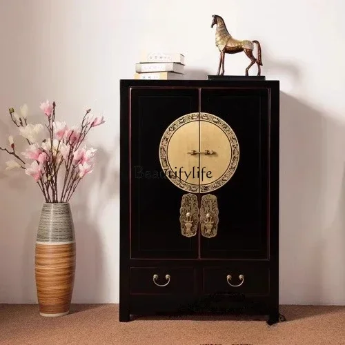 

yj5New Chinese solid wood multi-layer shoe cabinet antique black edging foyer cabinet retro old storage