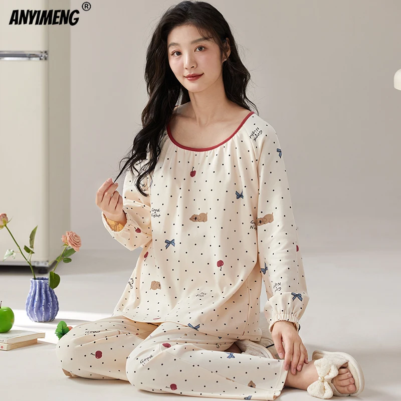 Purple Floral Printing Women Pajamas Set Autumn Winter New Faux Cotton Sleepwear Leisure Lady Pijamas Long Sleeves Chic Homewear