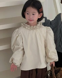 Blouses Korean Childrens Clothing Winter New Girls Shirt Flower Collar Versatile Korean Plush Shirt Soild 2023 Active