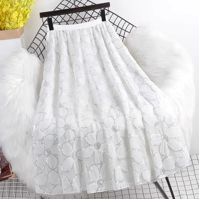 2025 Spring Summer Women High Waisted Sequined Dobby Flower Black Beige White Skirt , Woman Romantic Sweet Ladies Skirts