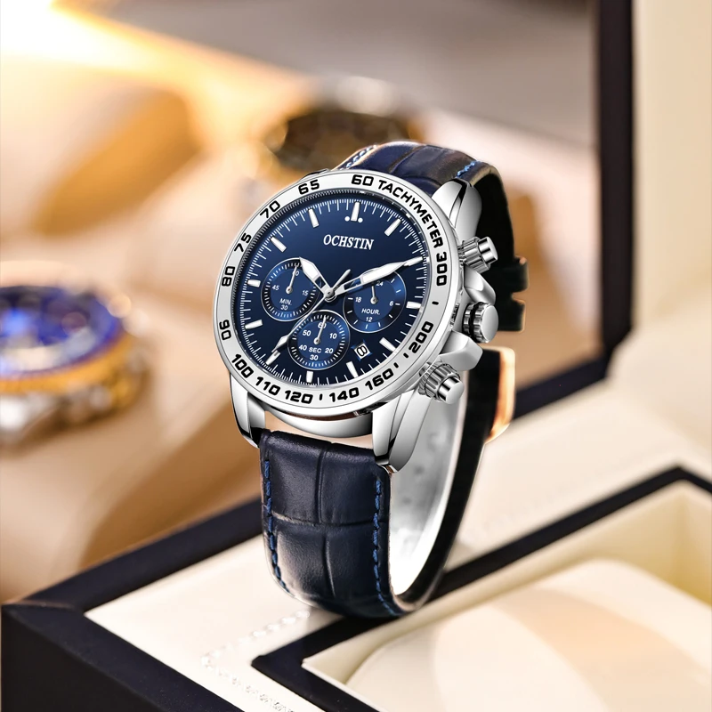 

OCHSTIN Prominente Series, деловые роскошные многофункциональные кварцевые часы, мужские водонепроницаемые наручные часы с кожаным ремешком