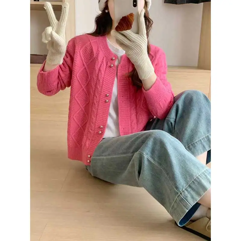 

Women Clothing Autumn Winter Fashion Simplicity Button Solid Color Knitting O-neck Female Vintage Appear Thin Sweater Cardigan