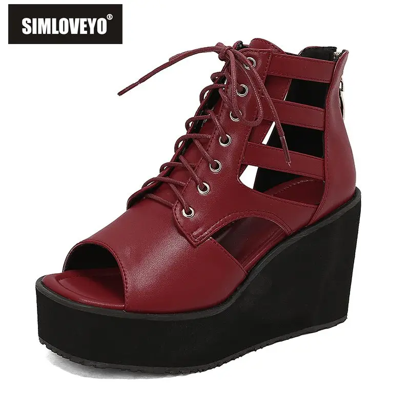 

Женские розовые сандалии SIMLOVEYO с открытым носком, на молнии, на шнуровке, на танкетке 9,5 см, на платформе 4 см, большие размеры 46, 47, 48, сексуальные туфли для свиданий