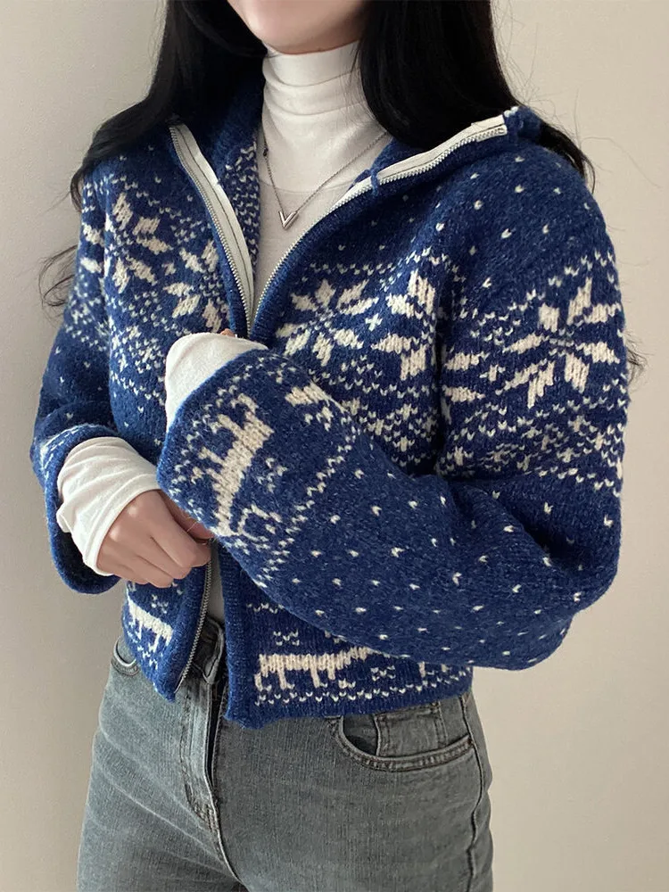 

Retro Heavyweight Stand Collar Snowflake Design Zipper Open Cardigan Knitted Sweater Jaet for Women Chic Autumn Winter Sle