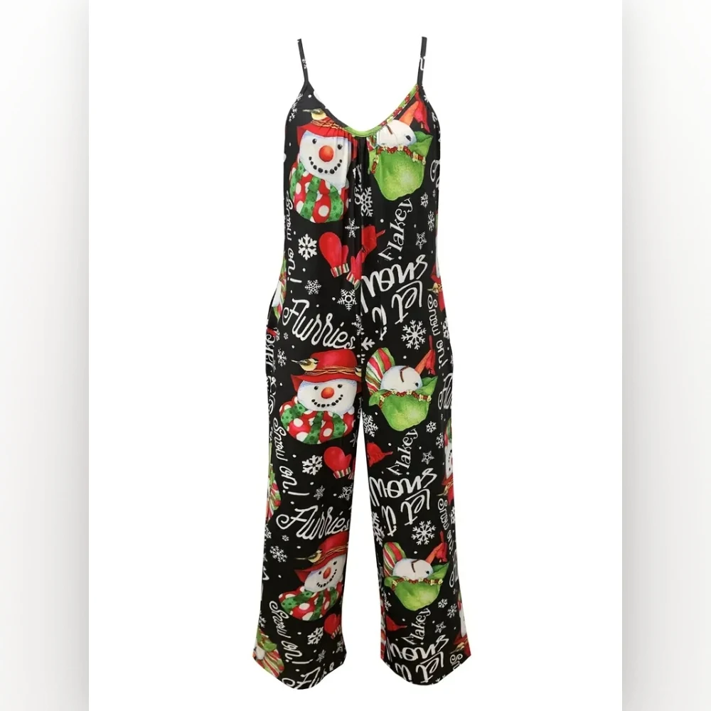 Christmas themed print sexy V-neck halter print romper with pocket slacks for ladies