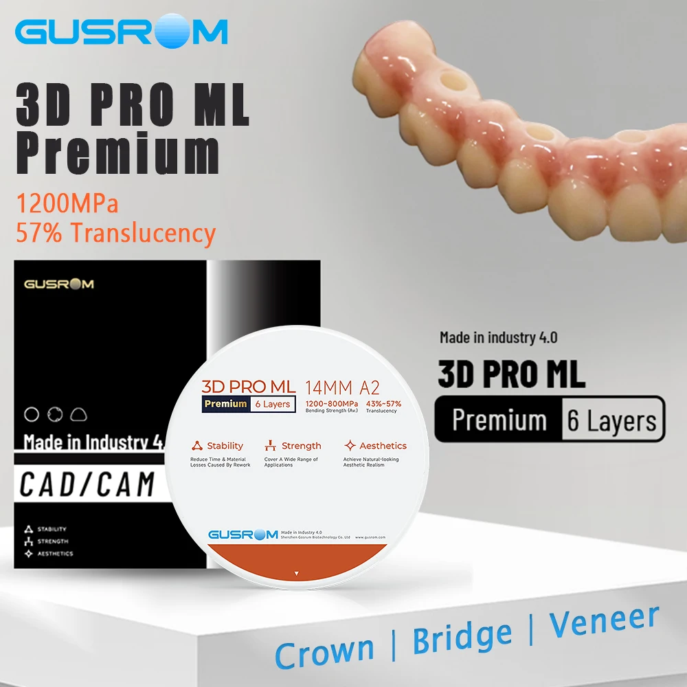 

GUSROM 3D PRO ML Premium Multilayer Zirconia Block 6 Layers 1200MPa Dental Zirconia Disc CAD CAM Crown bridge Bridge A1 A2 A3 A4