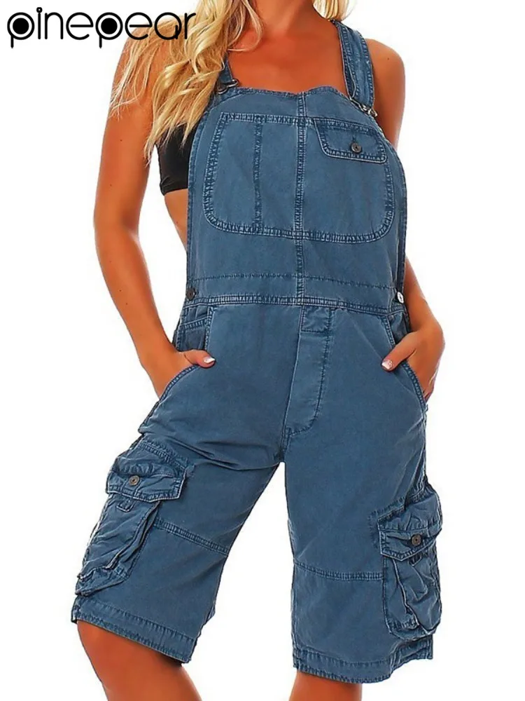 

Джинсовый комбинезон в стиле Y2K от PinePear, женский, без рукавов, с высокой талией, модный, шикарный, свободный крой, шорты-комбинезон